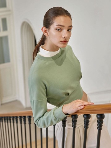 Pin-tuck Crop Cotton Jersey Yoga Sweatshirt [Moss Green] (DEVI-T0120)
