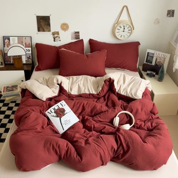 純色拼色柔軟親膚水洗棉床笠三四件套學生被套床包4件套