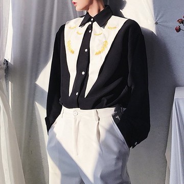 FINDSENSE H1秋季 新款 日本 原創 個性大領帶 刺繡麥穗   氣質復古 寬鬆顯瘦襯衫 長袖翻領襯衫 潮男上衣