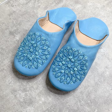 摩洛哥 babouche 室內拖鞋 珠串刺繡 藍色山城契夫蕭安