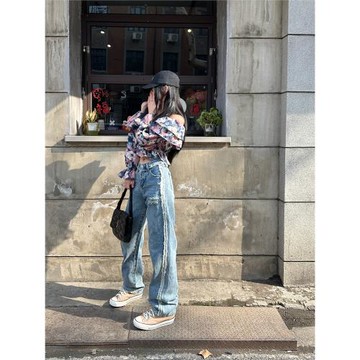 Tristine2023春夏韓版割爛破洞側邊毛邊牛仔窄版無彈寬松直筒褲潮