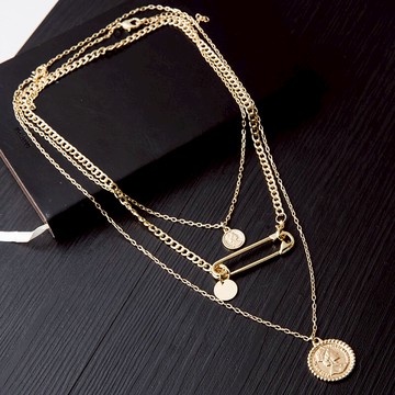 歐美多層長款別針錢幣項鏈 金屬百搭T恤網紅項鏈女潮品個性韓掛件
