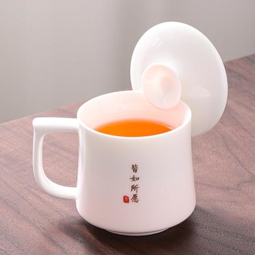 羊脂玉白瓷茶杯辦公杯陶瓷水杯個人專用泡茶杯帶蓋子大容量伴手禮