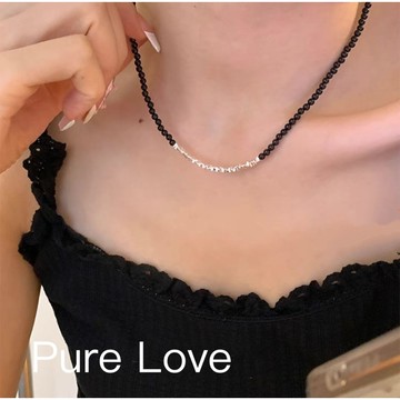 Pure Love樂芙 / 正韓 銀飾【S925純銀】N0746簡約通體純銀項鍊碎銀子仿黑瑪瑙圓珠鎖骨鏈 短項鏈 / 銀