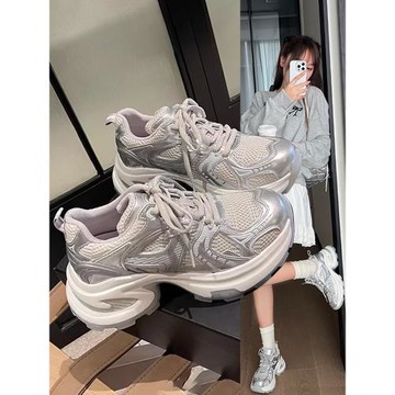 香港吸膜底老爹鞋女2025春秋新款厚底休閑真皮女鞋增高運動跑步鞋