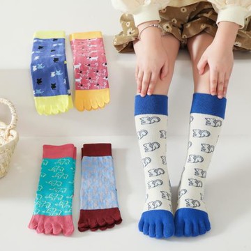 5雙裝 秋冬高筒兒童五指襪彩色可愛動物分腳趾厚款保暖吸汗棉襪子