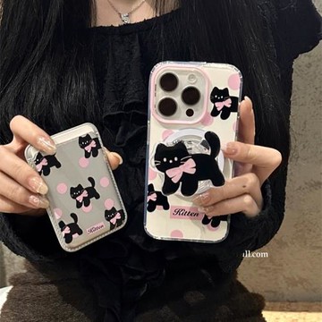 蝶結黑貓磁吸支架卡包適用三星s24ultra手機殼S20fe/Note20/A53/A55/A54/S10硅膠9可愛S22全包S23FE防摔S21+