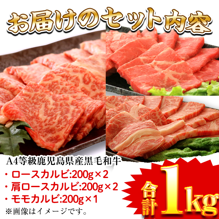 a484 鹿児島県産黒毛和牛(A4等級)焼肉用スライス牛肉(計1kg)カルビ3種詰め合わせセット