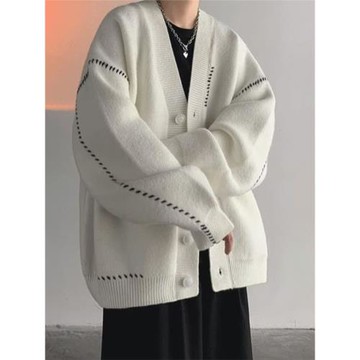 黑色日系復古慵懶風開衫外套男寬松厚實情侶針織衫毛線衣學院風