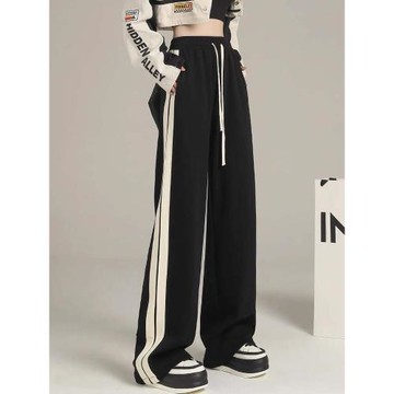 黑色條紋運動褲女2025秋冬季新款垂感休閑直筒衛褲寬松加絨闊腿褲