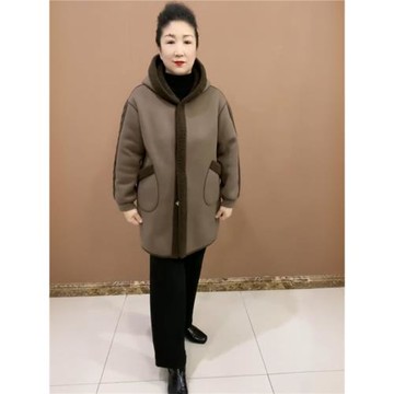 中老年媽媽冬季新款加厚連帽加絨羊羔毛保暖雙面穿中長款風衣外套