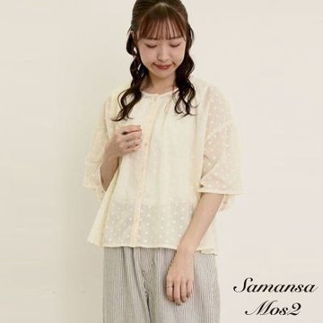 〚Samansa Mos2〛可愛小花朵刺繡微透膚短袖圓領襯衫