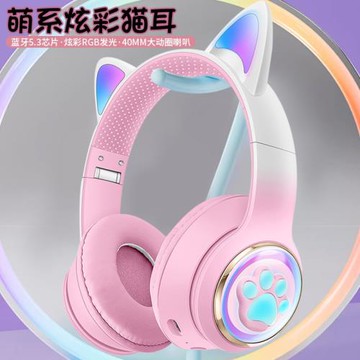 AKZ-62跨境新款發光貓耳 可愛太空艙頭戴式藍牙耳機重低音游戲無