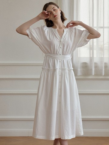 Aleah V領收腰白色連衣裙