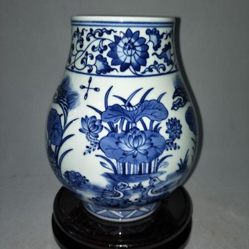 清乾隆青花纏枝蓮荷花鴛鴦福筒 手繪家居擺件瓷器 古董古玩收藏1入