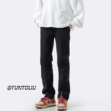 oversize褲子男美式高街黑色牛仔褲直筒修身長褲春秋新款工裝褲潮