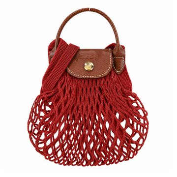 LONGCHAMP LE PLIAGE FILET系列網狀棉質手提/斜背兩用包(迷你/桃花心木)