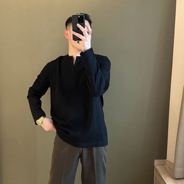 【台灣出貨】 早秋新品男士復古慵懶風亨利領長袖T卹色織條潮流復古休閒長袖