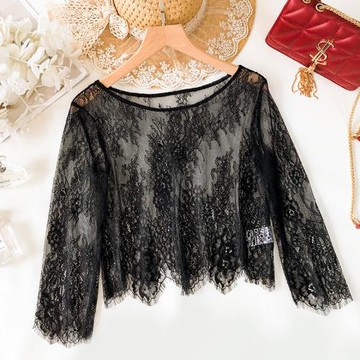 蕾絲短款上衣女夏鏤空薄款罩衫紗衣半截網紗內搭黑色冰絲打底T恤