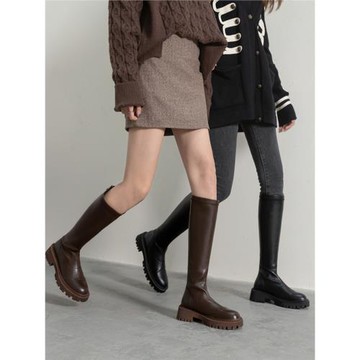 嬌文希真皮高筒騎士靴長靴女不過膝2025新款粗跟厚底秋冬季瘦瘦靴