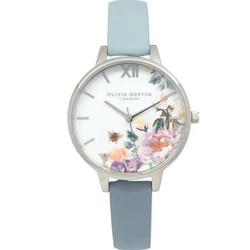 OLIVIA BURTON 手錶 OB16EG114魔法花園 清新花卉蜜蜂印花 粉筆藍皮帶 34mm
