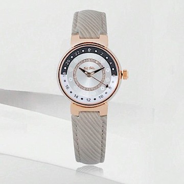 Folli Follie 30毫米 特殊時標 日夜顯示精鑲水晶錶面 斜紋真皮腕錶(玫瑰金x灰 FF230418)