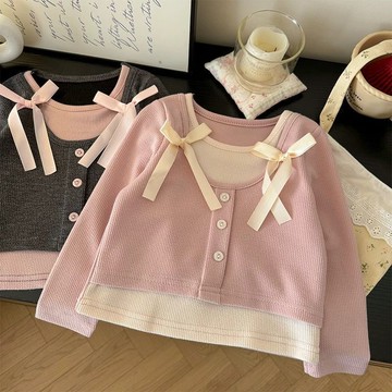 台灣出貨 兒童衣服 女童上衣 兒童保暖上衣 童裝 兒童t恤 兒童衣服 女童甜美百搭假兩件T恤上衣秋季新款韓版兒童時尚洋氣