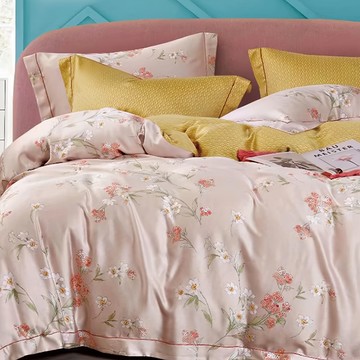 貝淇小舖 40支100%純天絲TENCEL 床包四件式全鋪棉床包組  床包 + 兩用被套 + 枕套組  雙人特大  宸莉橘