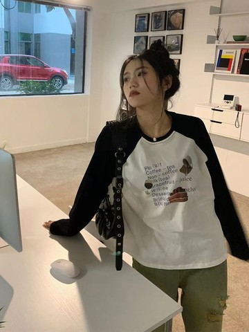 黑白拼色甜酷長袖T恤女美式複古初秋寬鬆休閒百搭插肩袖入秋 男生女生上衣 大學T 韓版圓領長袖