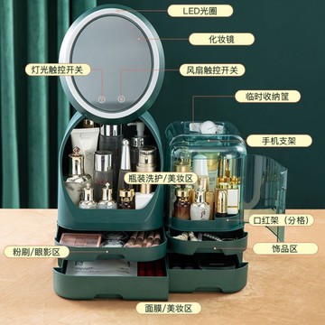 【台灣出貨】 化妝品收納盒帶鏡子智能LED防塵桌面梳妝台護膚品一體收納大容量