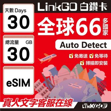 LINKGO白鑽卡 全球66國 eSIM卡 30天上網卡 總流量30GB(全球網卡 亞洲 歐洲 美洲 大洋洲 非洲)