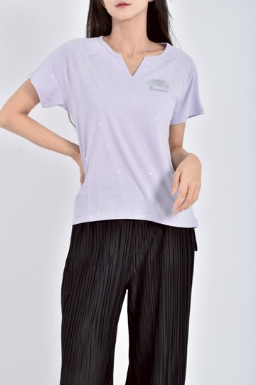 (M) roots質感棉質純棉銀色閃耀滿版印花紫色短袖上衣