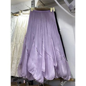 2025春夏新款優雅亮絲珠光紗不規則半身裙高腰顯瘦百搭A字裙831W