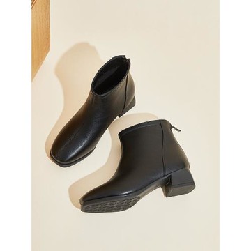 秋通勤方頭中跟4cm黑皮鞋軟底粗跟黑色短靴女冬季工作鞋短筒靴子