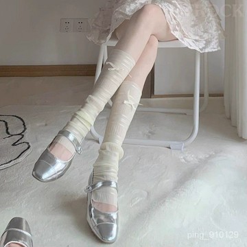 【FROCK】新款芭蕾風堆堆襪套蝴蝶結防曬護腿套奶白色jk冰絲小腿襪子 長筒襪 堆堆襪 女襪 洋裝襪子 襪套 泡泡襪