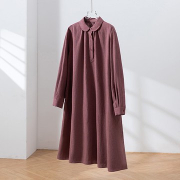 展現成熟優雅可愛 圓領長版亞麻洋裝 灰調酒紅 250918-2