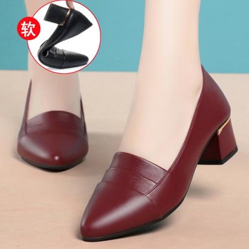 軟皮中跟單鞋女新款低跟尖頭真皮閏月紅色女士皮鞋粗跟四季媽媽鞋