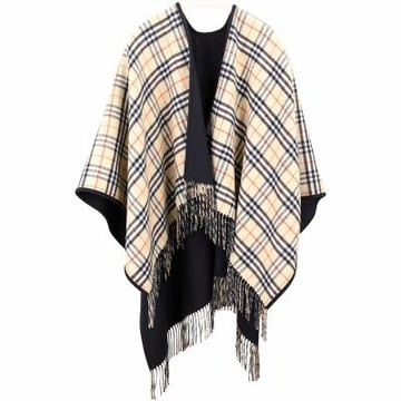 BURBERRY 巴寶莉 新版 雙面可穿格紋純羊毛流蘇披肩 斗篷(黑x沙米色)