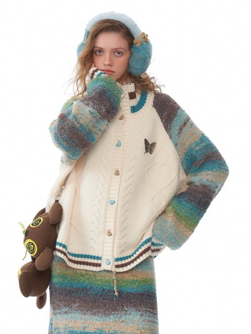 ziziFei秋冬季美式撞色拼接設計感半高領軟糯厚實毛衣開衫外套女