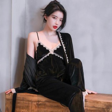 金絲絨睡衣女秋冬季甜美性感少女ins風三件套春秋季薄絨款家居服