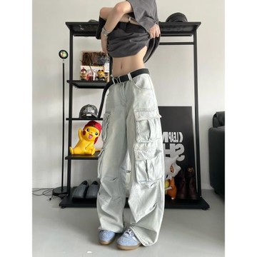 大碼美式復古oversize多口袋工裝牛仔褲女寬松設計感拖地闊腿褲潮