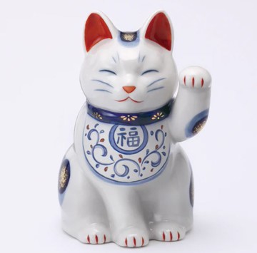 日本製【薬師窯】瀨戶純手工染錦唐草招財貓(舉左手、中)