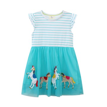 Jumping meters - 棉質圓領小飛袖網紗洋裝-活力馬兒-藍色