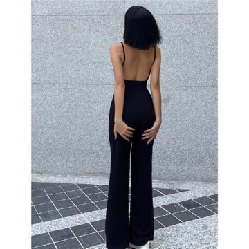 辣妹性感大露背低胸吊帶連衣褲女秋黑色歐美別致高級感氣質長褲潮