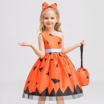 歐美萬圣兒童禮服女童原始人連衣裙送包印花網紗節日演出公主裙