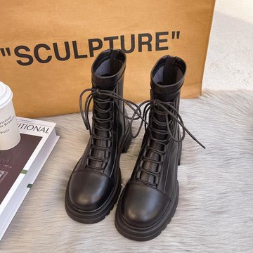 2024新款冬季馬丁靴女英倫風小個子厚底短靴加絨黑色機車瘦瘦單靴