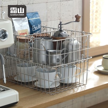 日本霜山 復古風可提式304不鏽鋼置物收納籃-小款