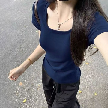 9217 人標記喜愛🖇️棉質夏季U領藏青色正肩短袖T恤修身顯瘦半袖時尚修身款新款上衣女DTLK
