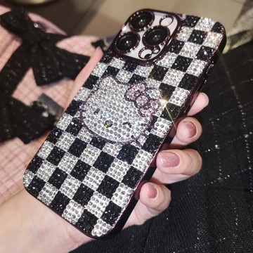 自帶鏡頭膜適用于iPhone16pro max蘋果13手機殼15高級感水鉆黑白格子卡通貓14保護套電鍍全包防摔女