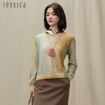JESSICA - 亮麗暈染百搭長袖圓領針織上衣J54502（黃）